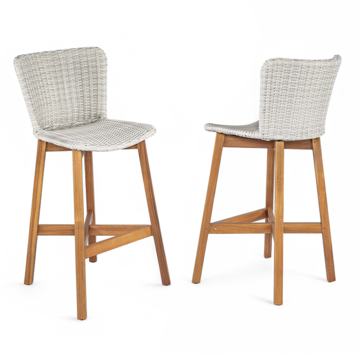 Lymington Outdoor Bar Stool Set of 2, Teak Finished Wood with Light Grey Wicker