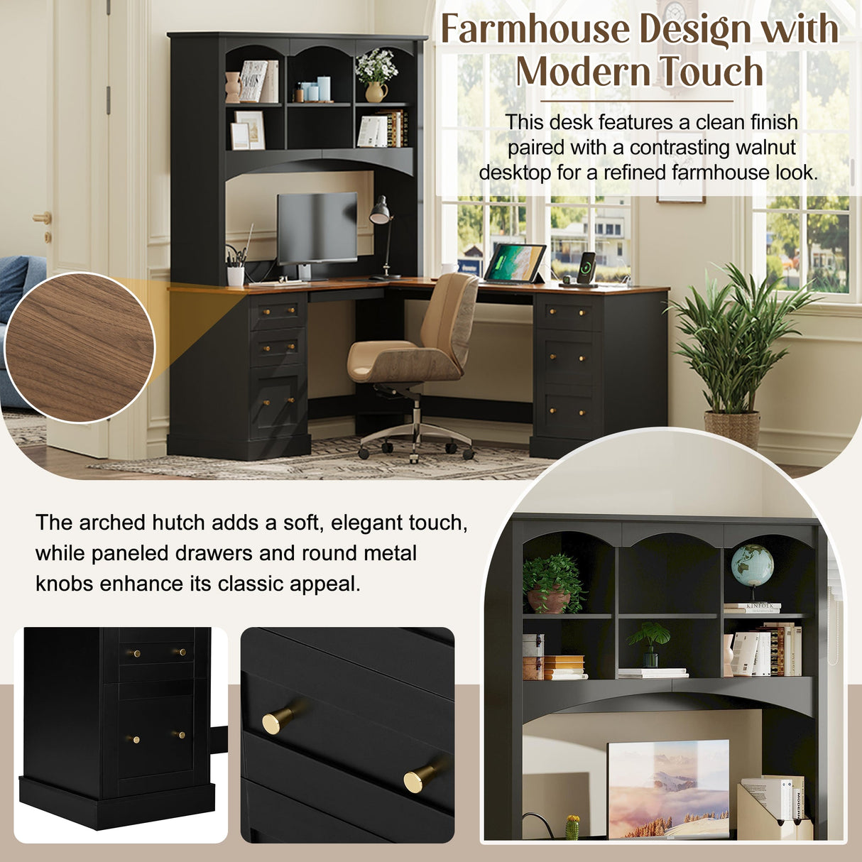 Space-Saving L-Shaped Computer Desk with Keyboard Tray & Charging Stations