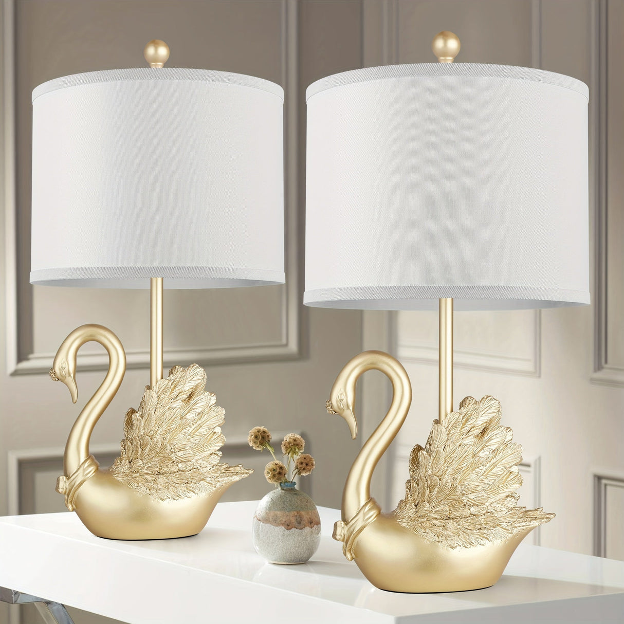 Two-piece Set of Golden Brass Swan Table Lamps with LED Bulbs
