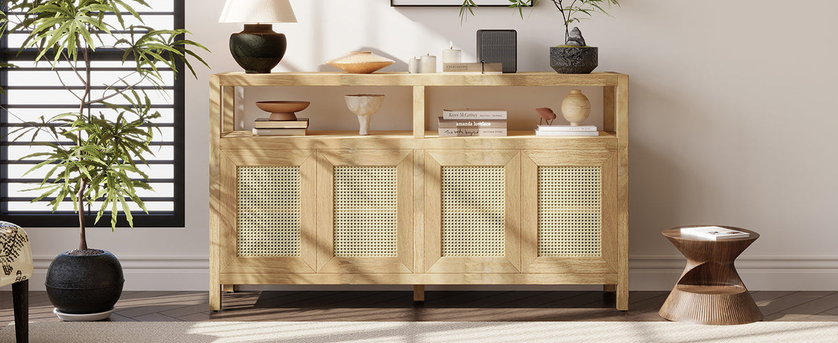 Bohemian Style Rattan Buffet Storage Cabinet with Solid Wood Frame