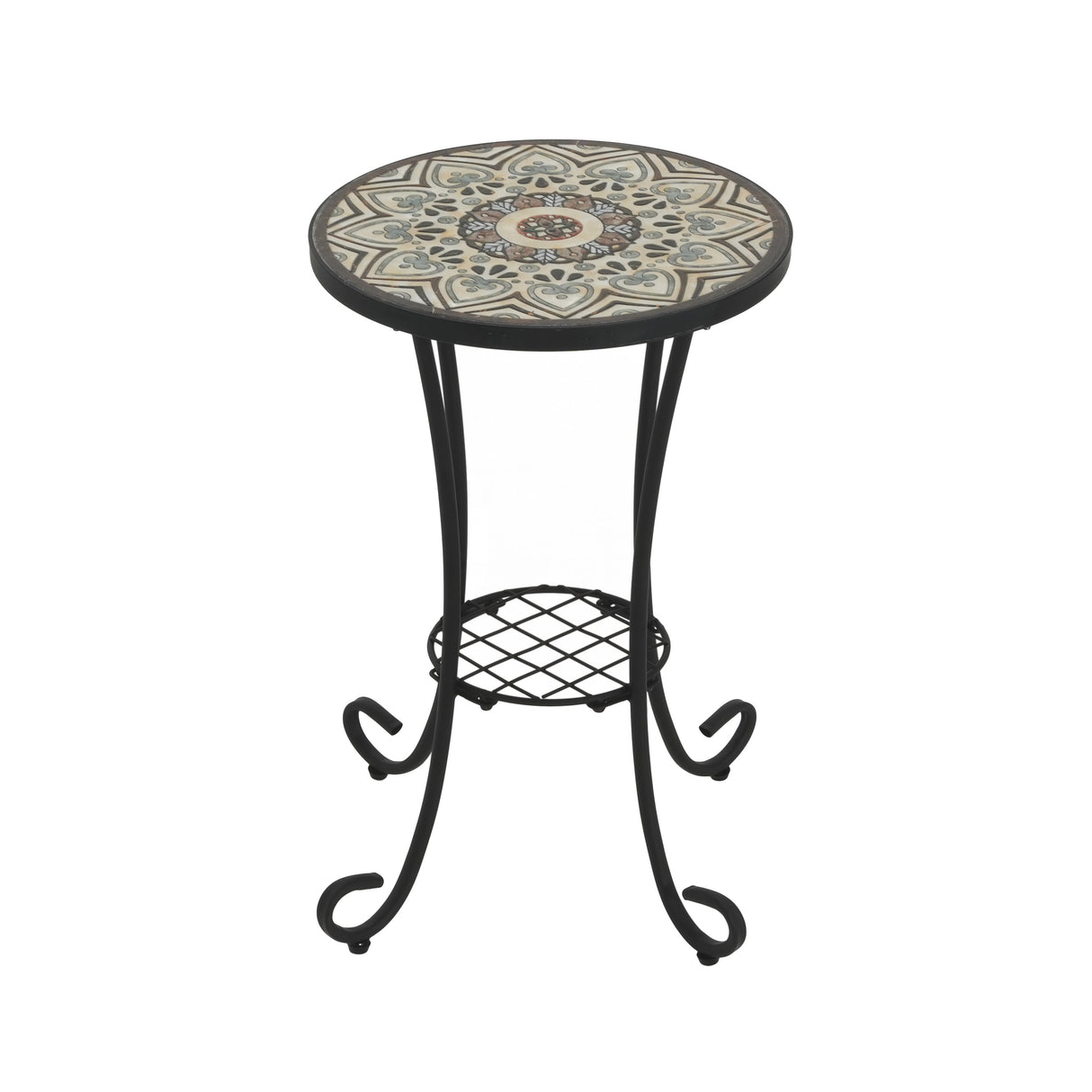 Ceramic Tile and Iron Patio Side Table with Shelf, Brown and Black