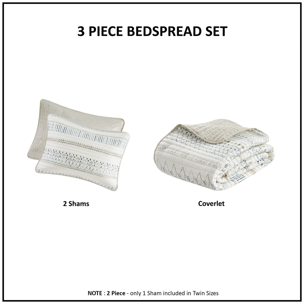 3 Piece Printed Microfiber Seersucker Quilt Set Taupe/Blue Full/Queen