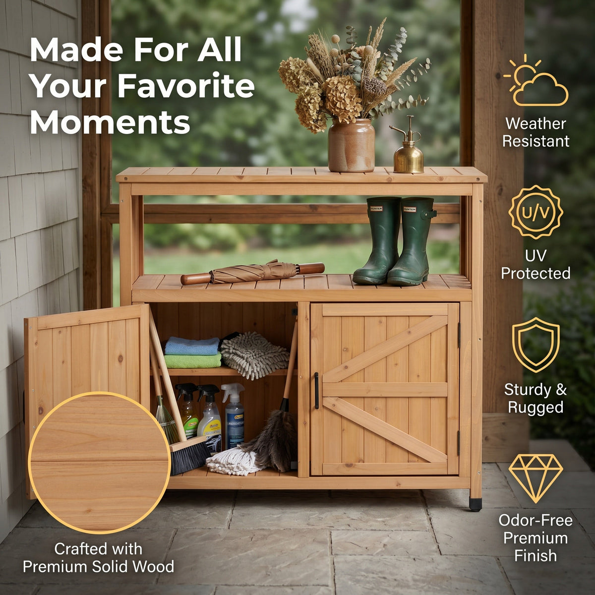 Wooden Patio Bar Table Set with Storage