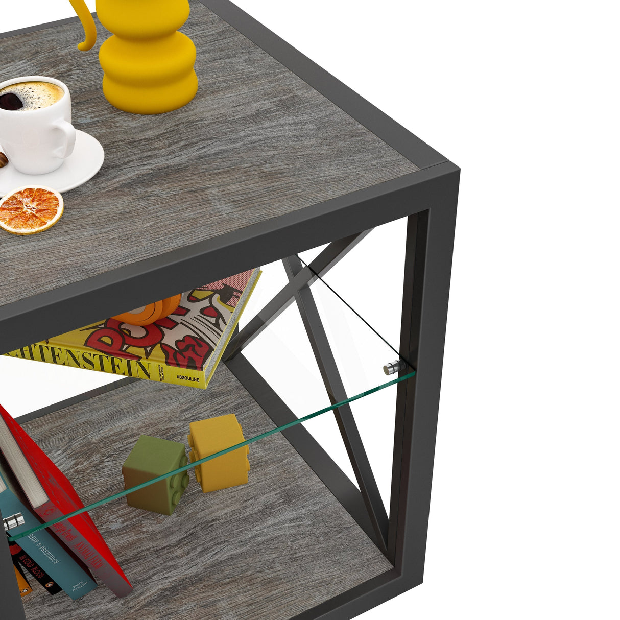 Modern End Table Nightstand with Tempered Glass & Wood Grain MDF