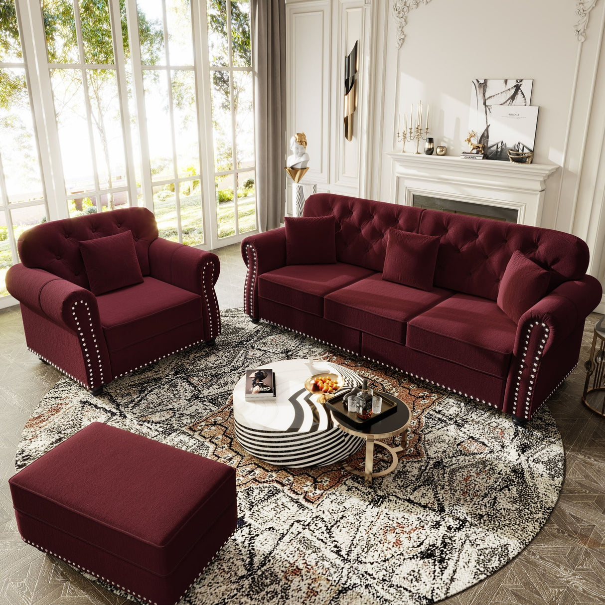 Upholstered Sofa Set With Nailhead Trim and Rolled Armrests, Includes Pillows