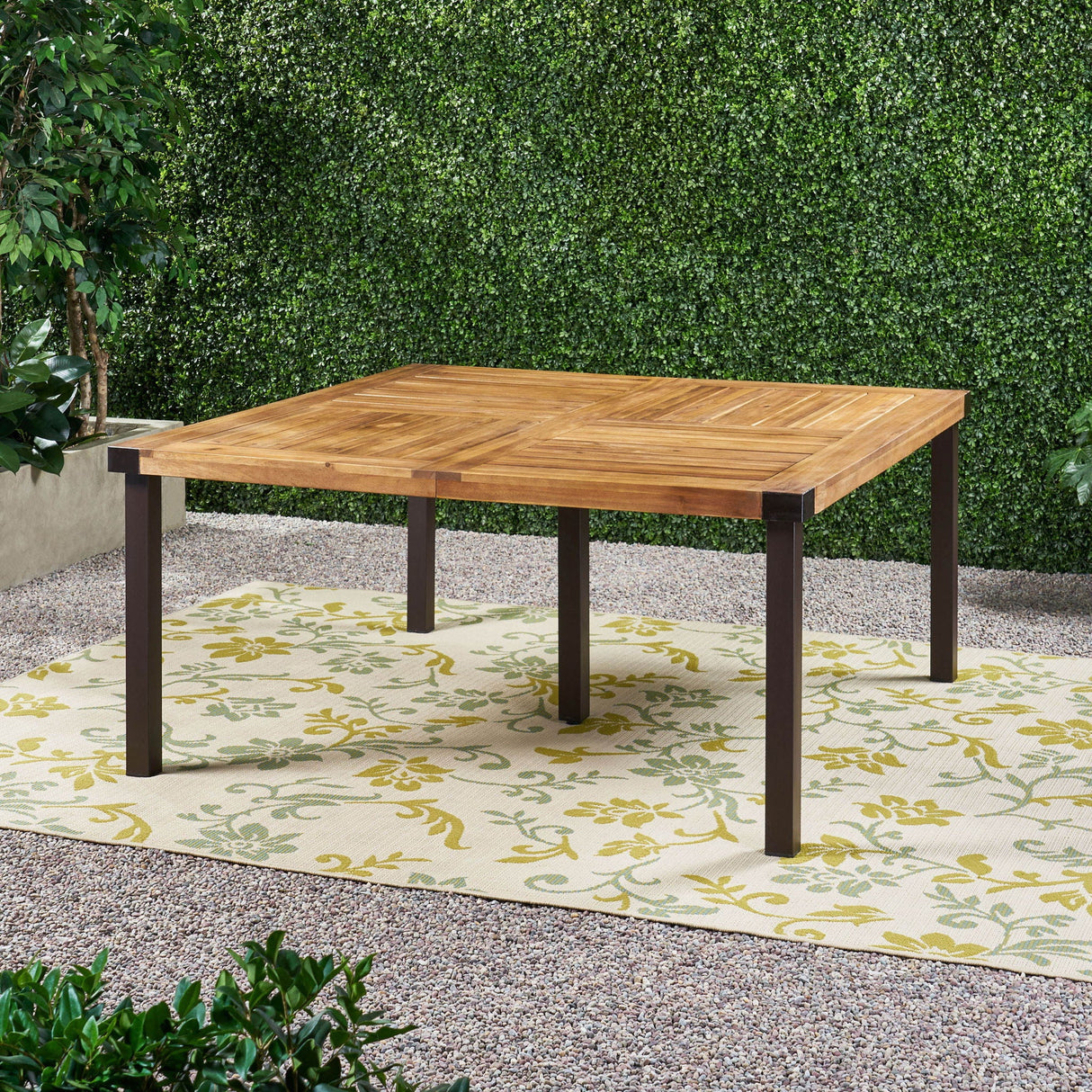 Lankershim - Modern Industrial Dining Table With Acacia Wood Slat Design - Teak