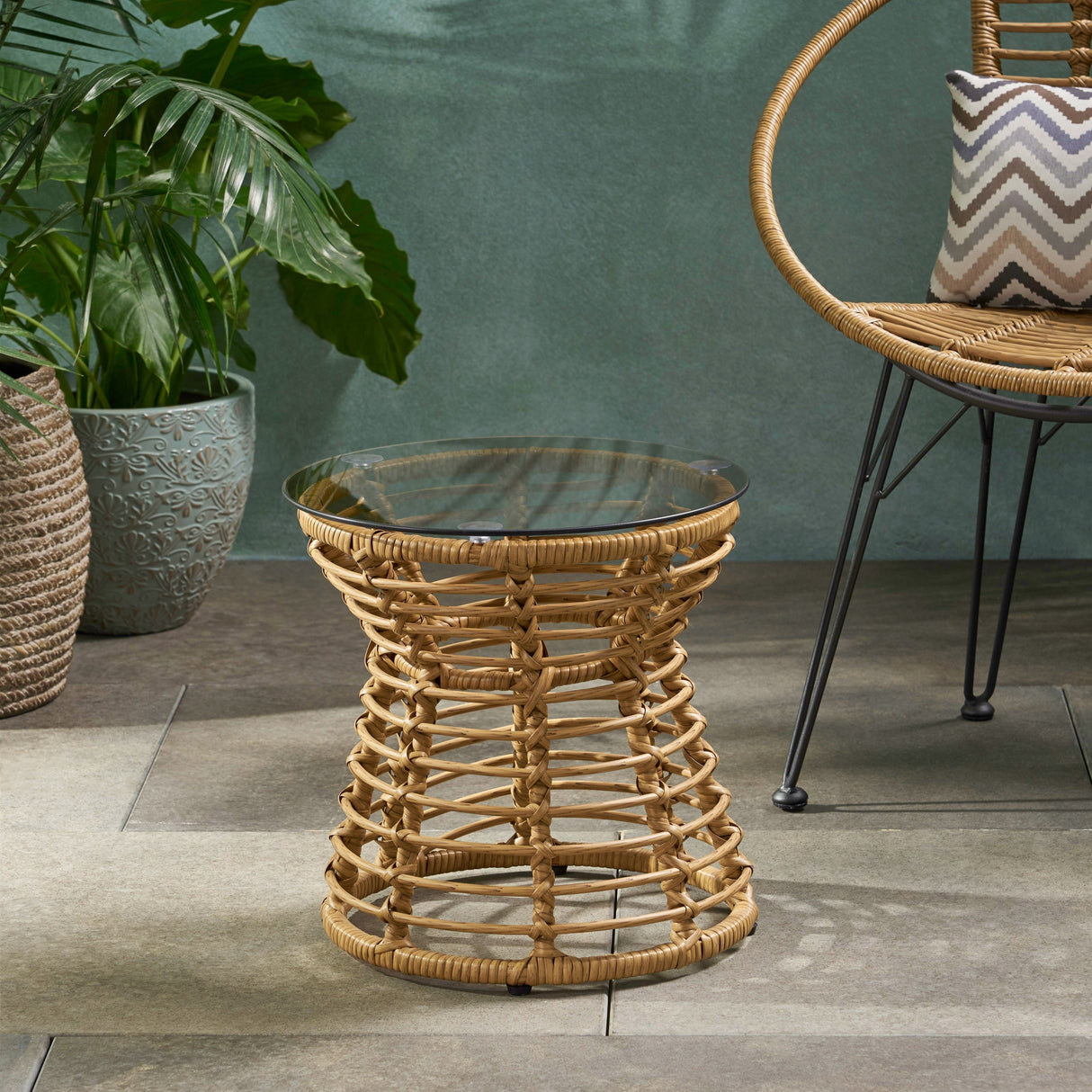 San Pedro Boho Style Side Table with Tempered Glass Top in Light Brown Rattan