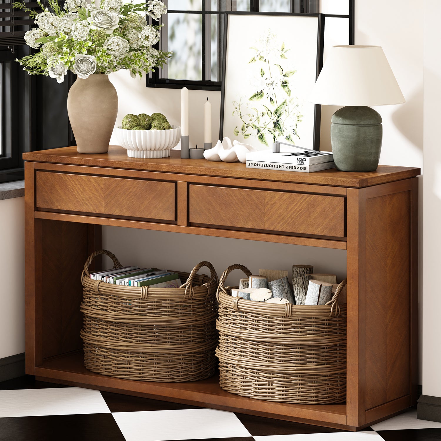 Chevron-Pattern-Wooden-Console-Table-with-Drawers-&-Open-Shelf-Console-Table