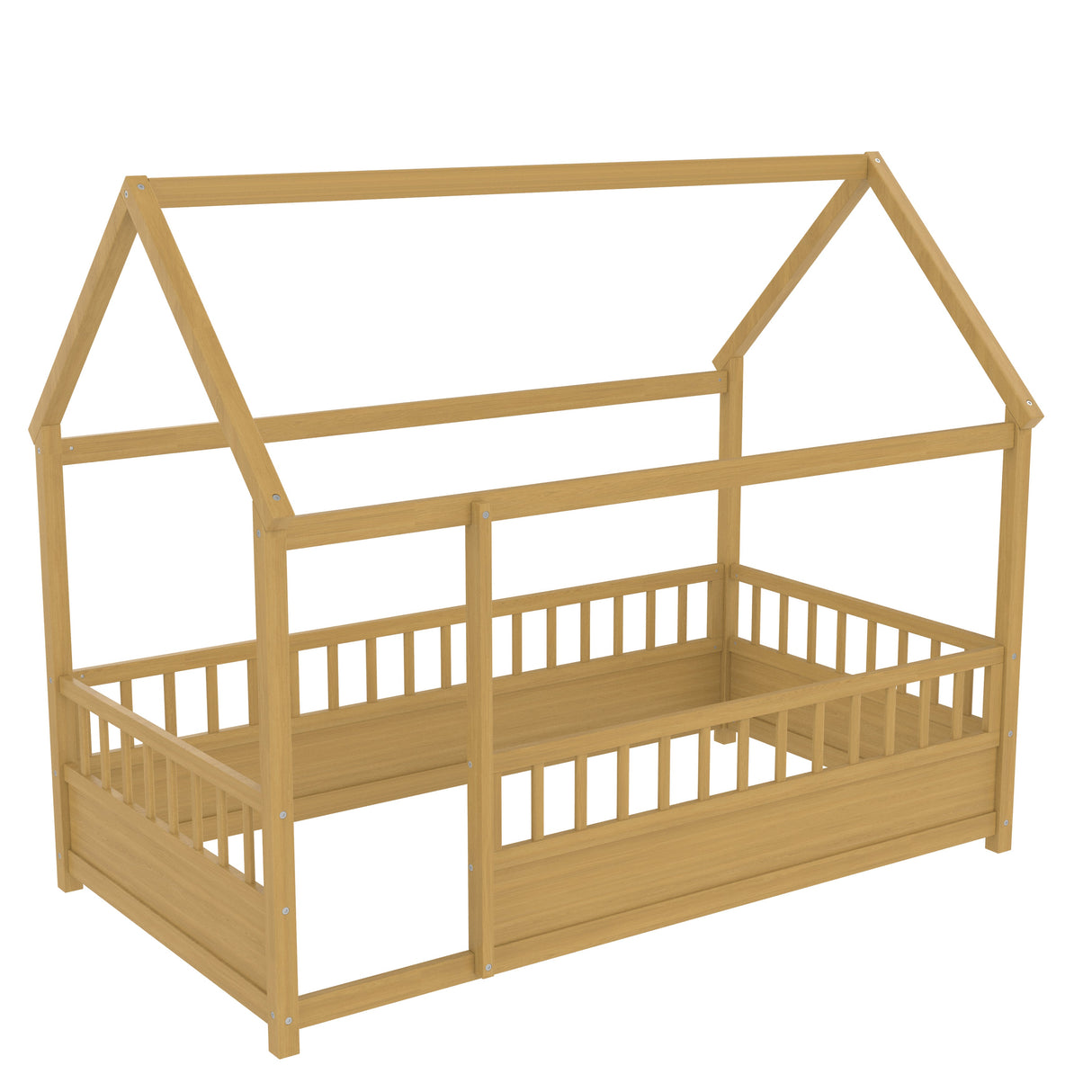 Twin Size Floor Wooden Bed with House Roof Frame
