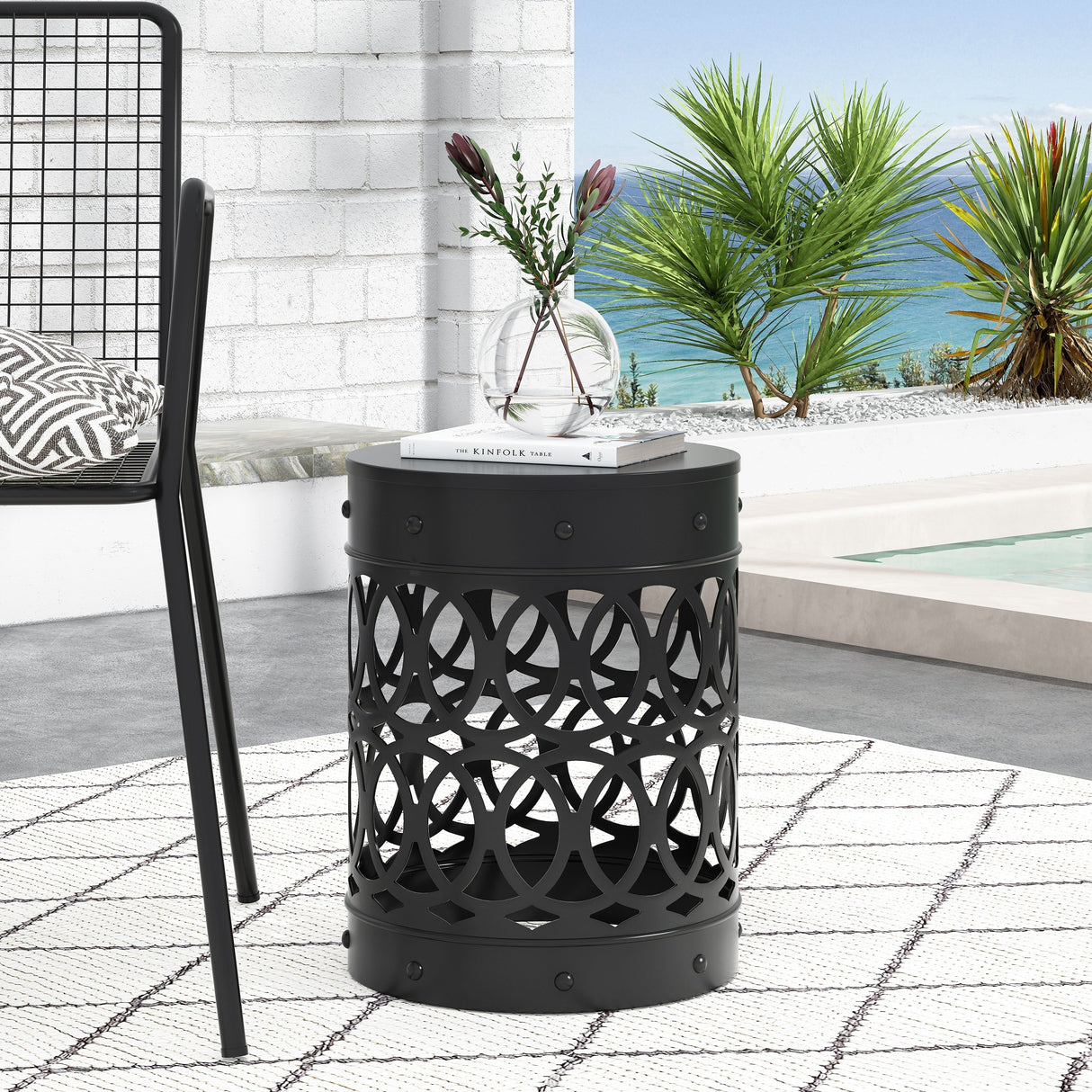 Modern Outdoor Metal End Table with Iron Cut Design in Black