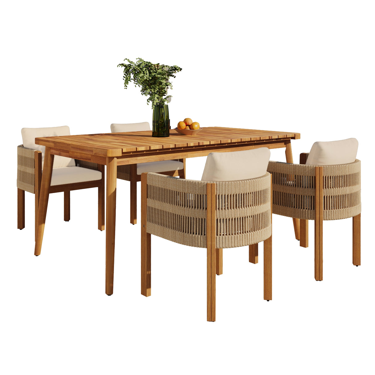 Outdoor Dining Set with Acacia Wood Table and 4 Chairs - Beige