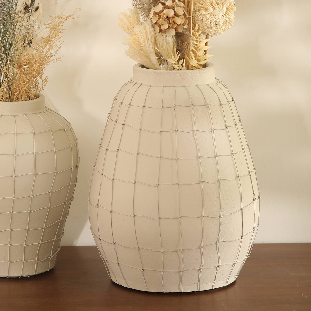 Leianna-Handmade-Off-White-Large-Terracotta-Vase-with-Wireframe-Contemporary-Design,-Handmade-11.5X11.5X15.5'-