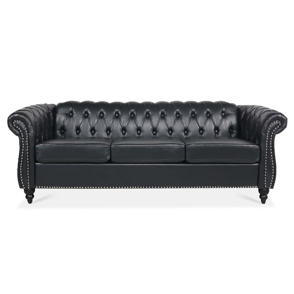 84.65' Black PU Rolled Arm Chesterfield Three Seater Sofa