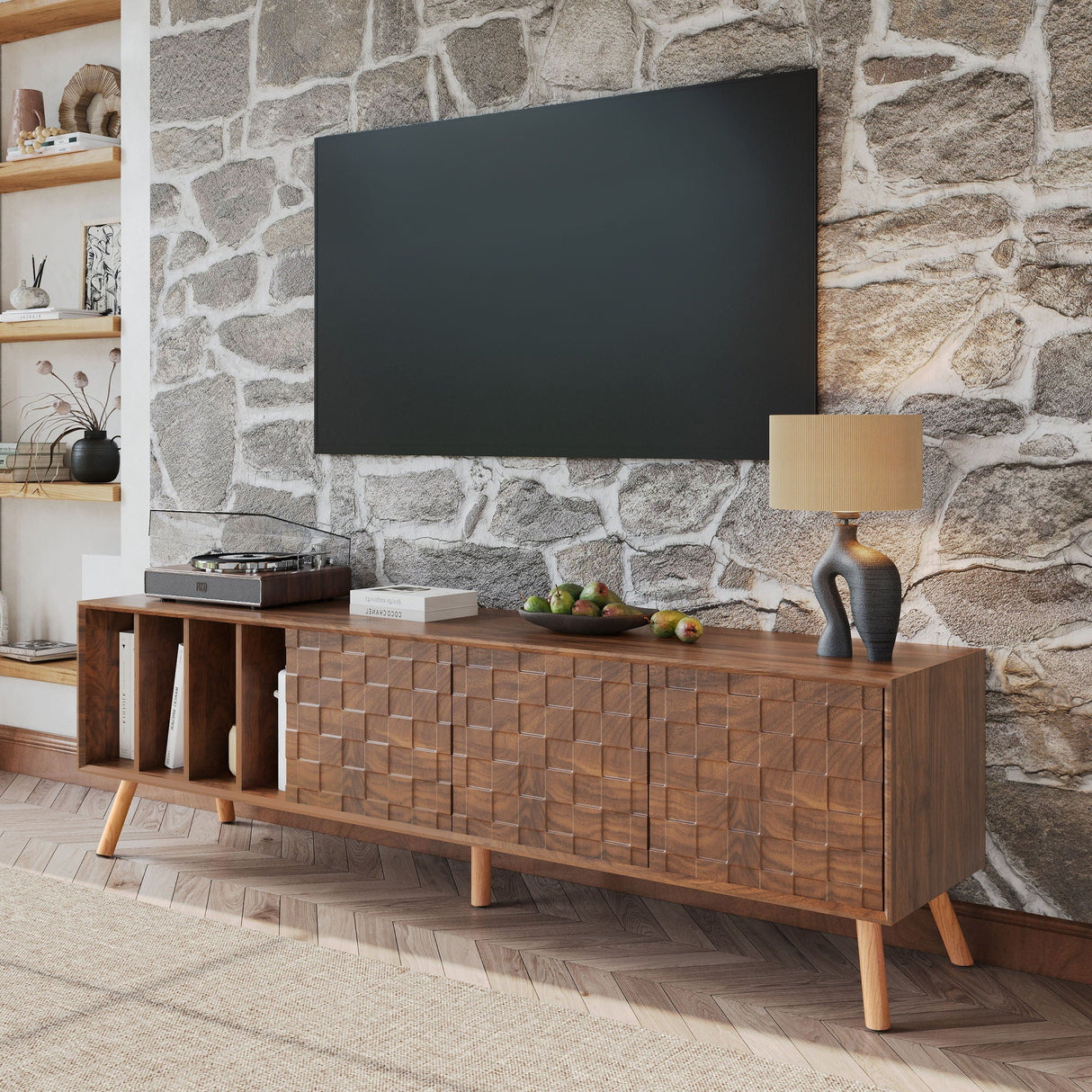 TV Stand Cabinet For Living Room, Fits TVs Up To 80" - Walnut
