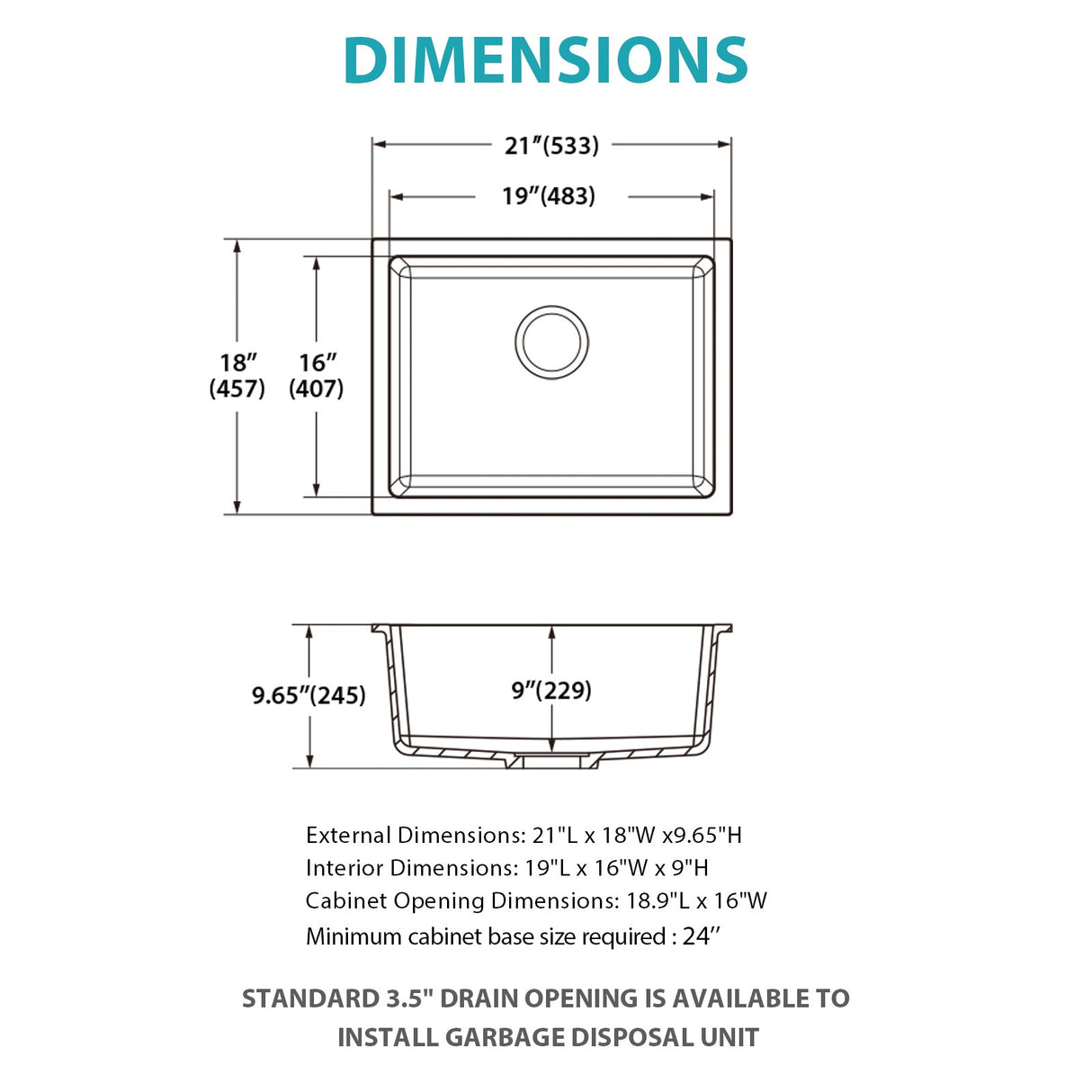 Quartz Kitchen Sink - 21" x 18" x 9.65"