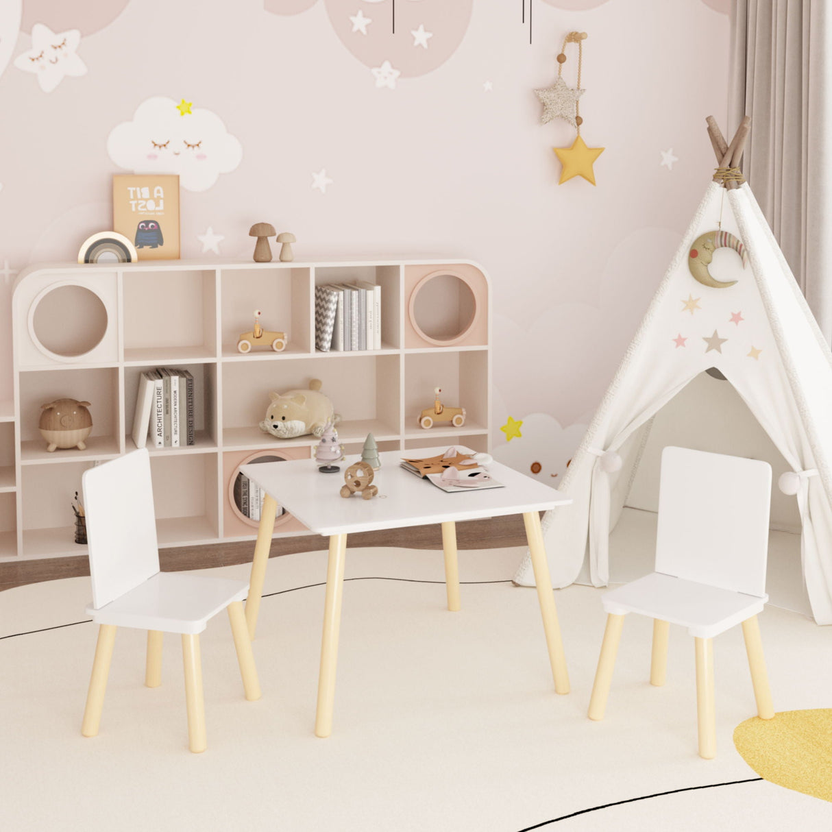 Kids Table And 2 Chairs Set, 3 Piece Toddler Activity Play - White