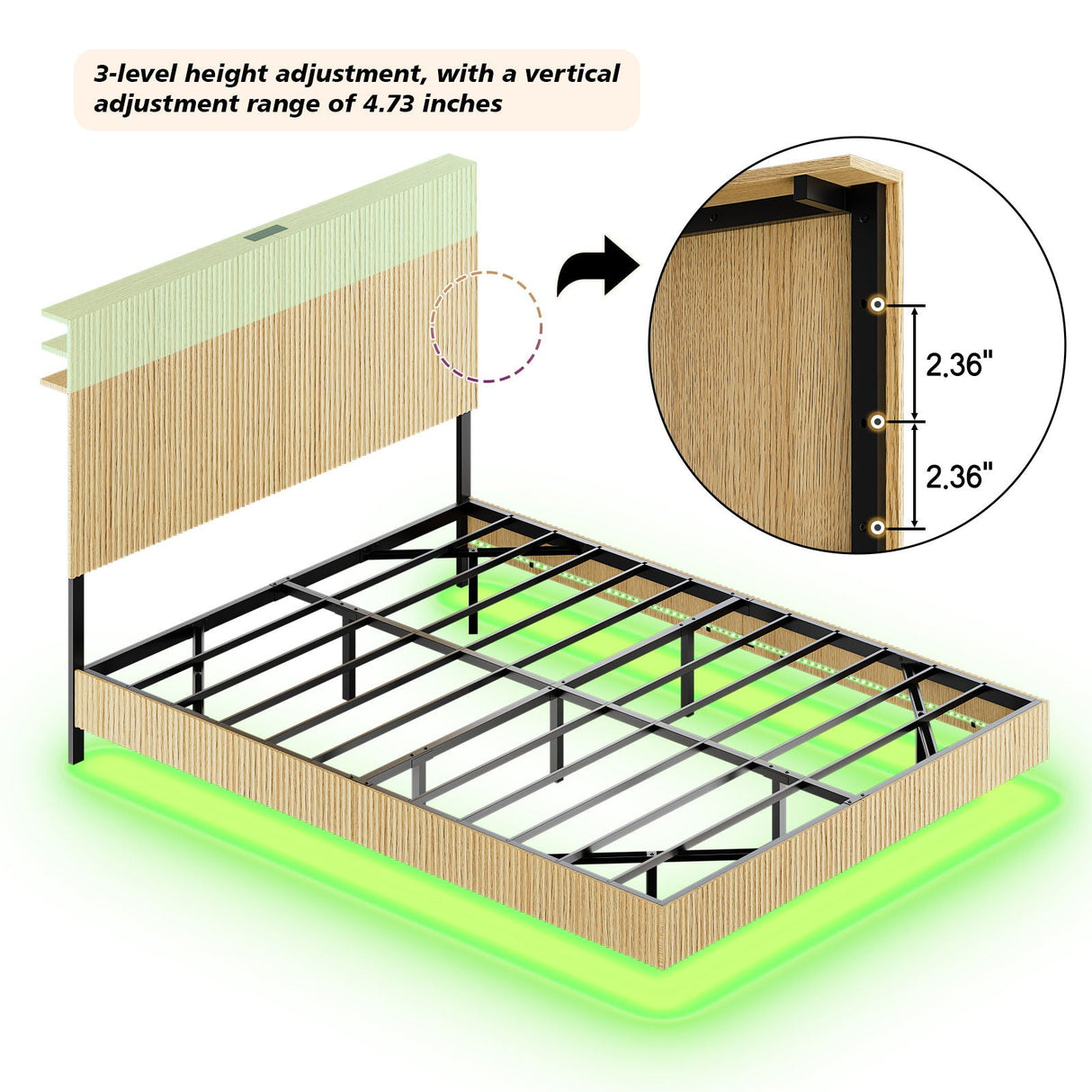 Floating Bedstead With Charging Station And LED Lights