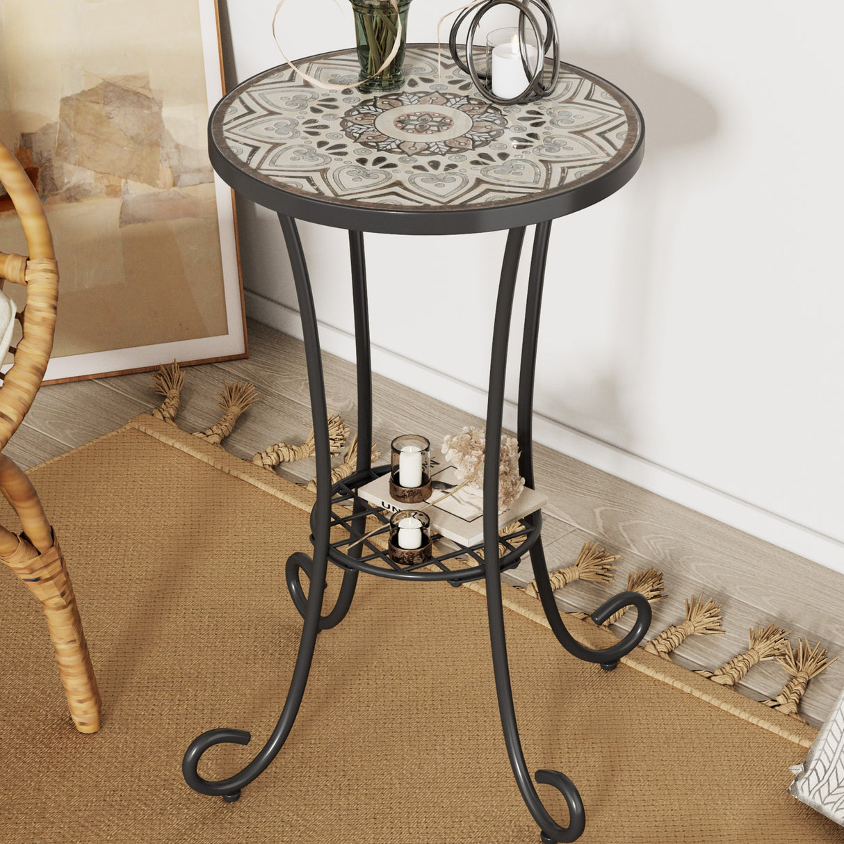 Ceramic Tile and Iron Patio Side Table with Shelf, Brown and Black