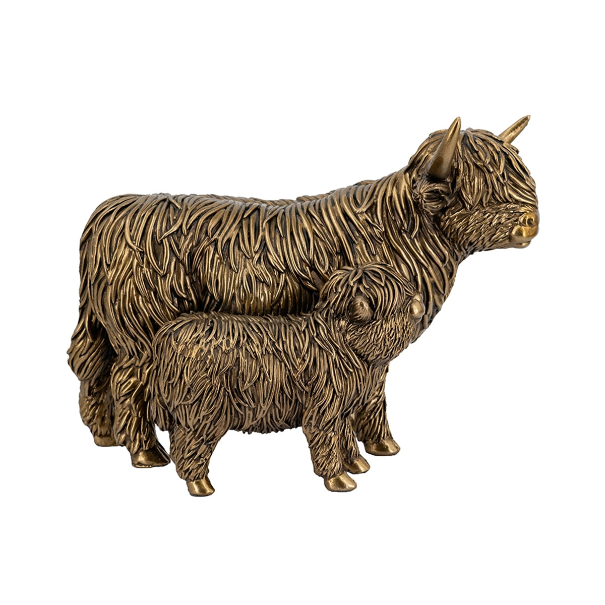 7.5x4.5x5.5' Lifelike Polyresin Highland Cow and Calf Statue with Rich Bronze Finish