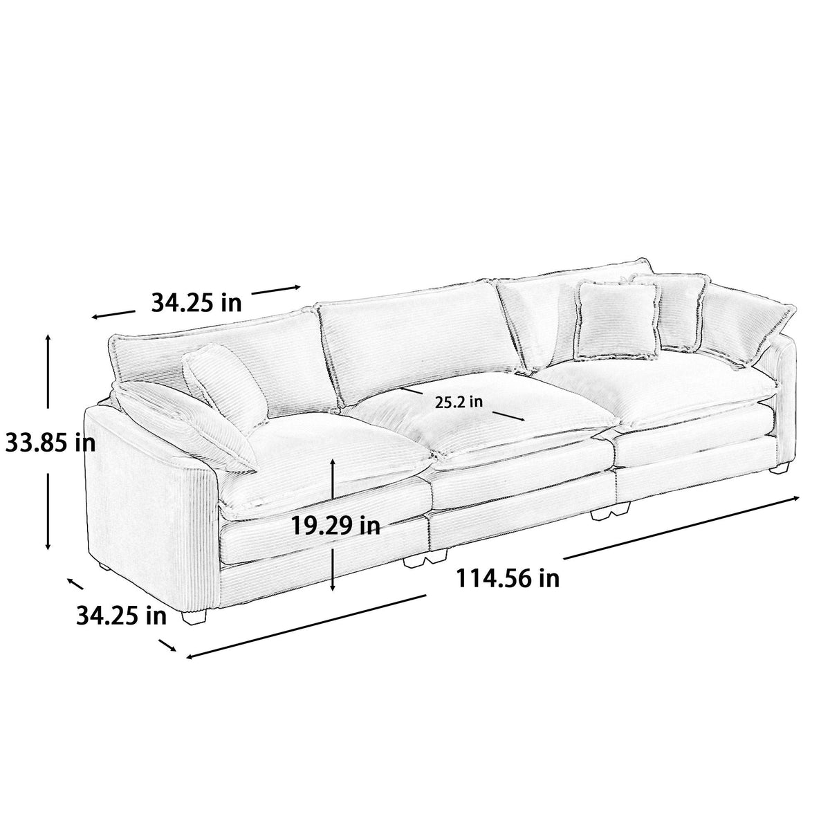 Mid-Century Modern 3 Seater Sectional Sofa with Arm and Throw Pillows - Fabric