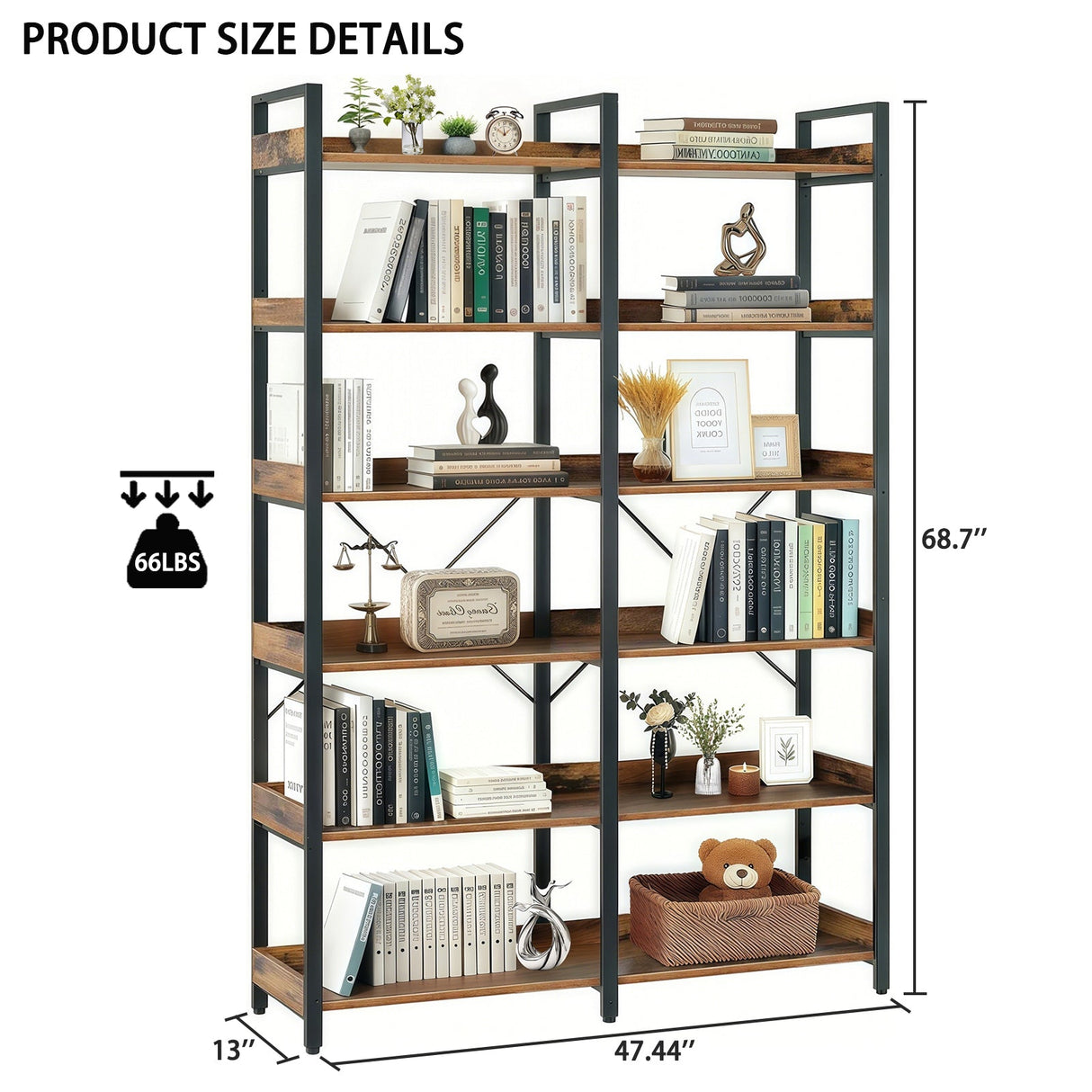 6-Tier Industrial Bookshelf With 12 Open Shelves