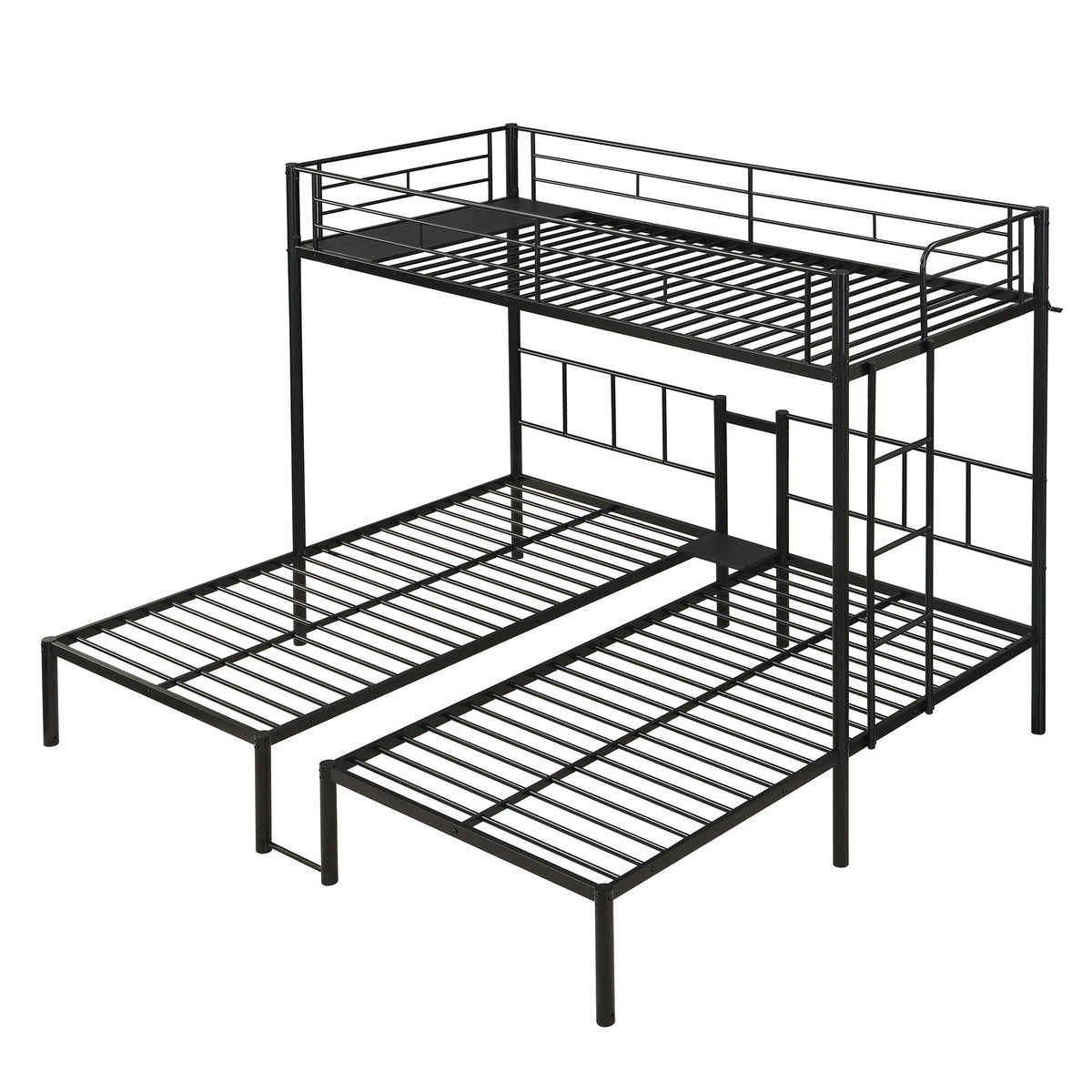 Twin Over Twin Over Twin Triple Bunk Bed With Safety Rails And Storage Shelf - Black