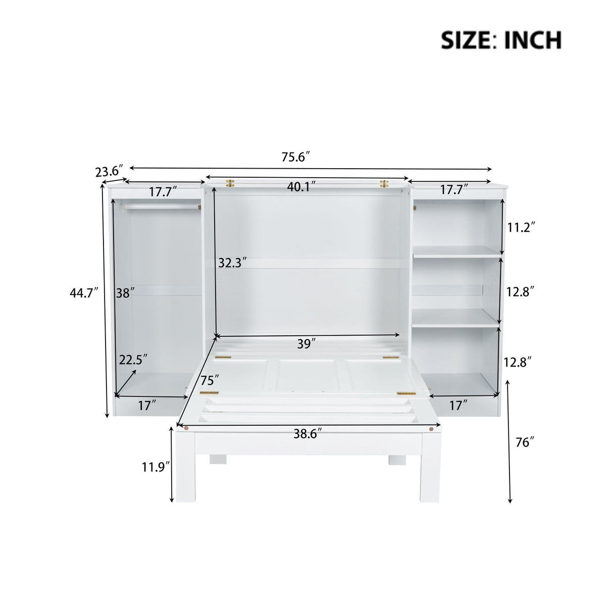 Twin Size Murphy Bed With Bedside Shelves And Wardrobe - White