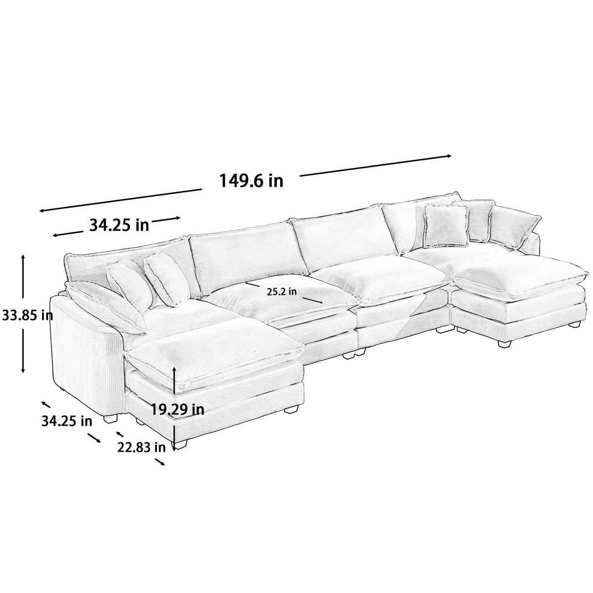 Modern Modular Cushion Sofa Set with Ottoman - Fabric, Multiple Colors