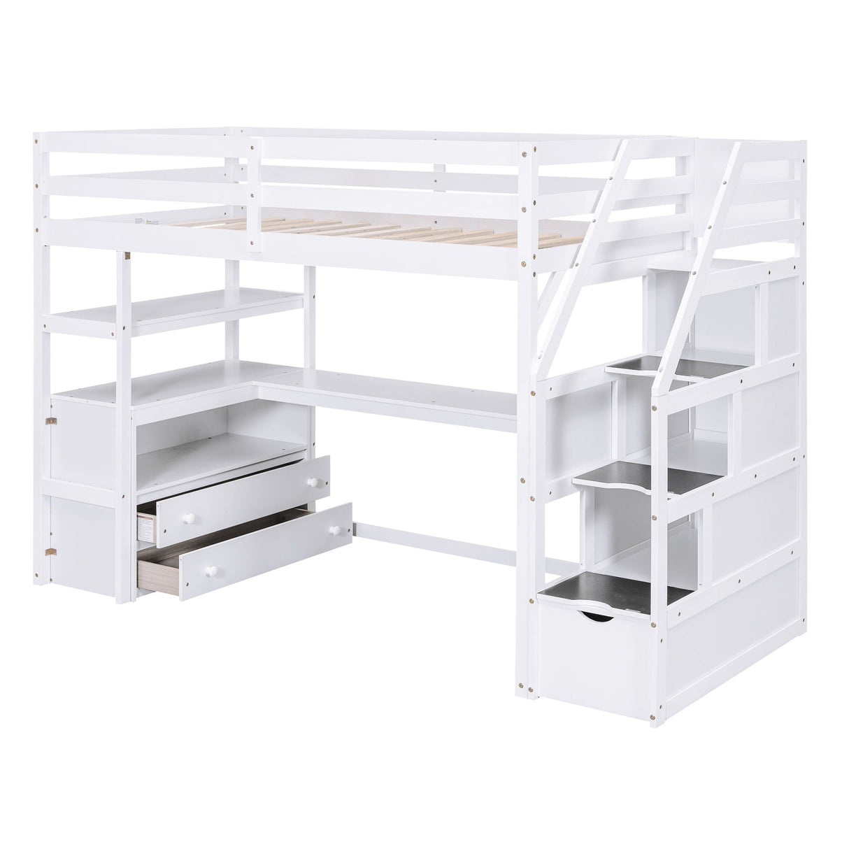 Loft Bed With Desk, Shelves, 2 Drawers, Storage Staircase