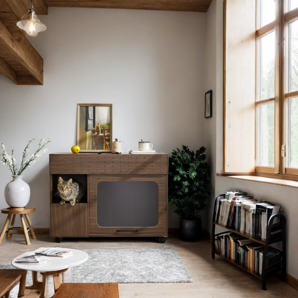 Furniture Style Multi-Use Cat Litter Box House with Storage