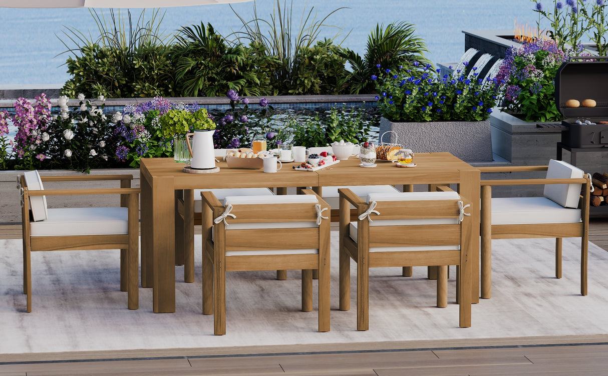 TREXM 7-Piece Patio Dining Table Set for 6,Outdoor Furniture Sets with 72.8'Rectangle Table,Patio Table and Chairs Set with Removable Cushions for Backyard,Garden,Poolside(Light Teak+Beige Cushion)