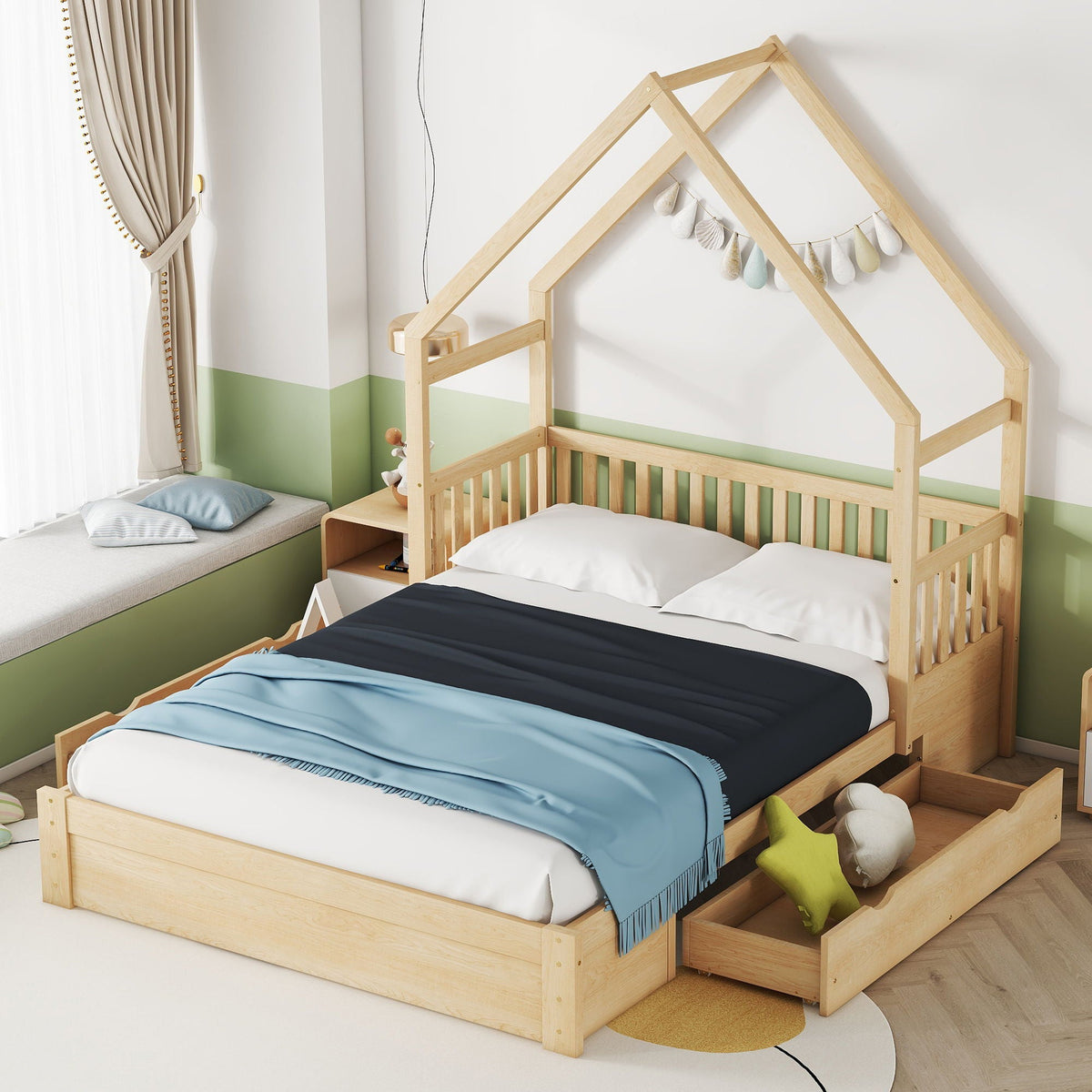 House Style Platform Bed With Guardrail And 2 Drawers