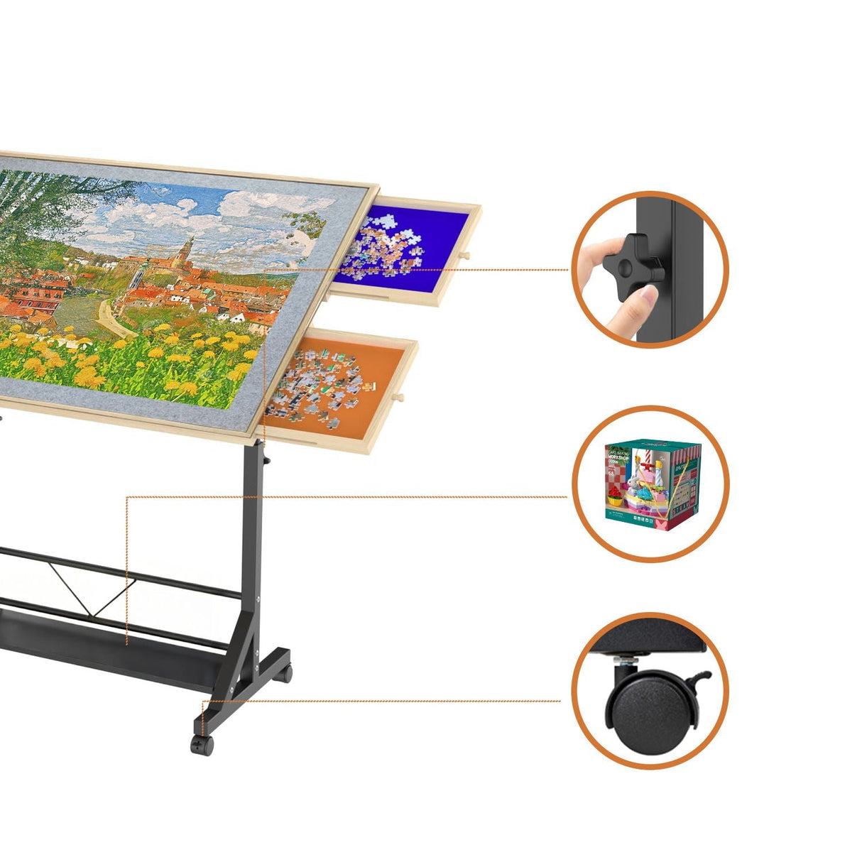 360 Degree Tilting Wooden Puzzle Table With 1500 Pieces, Rolling Design With Adjustable Height, Drawer, And Protective Cover - Black / Natural Wood