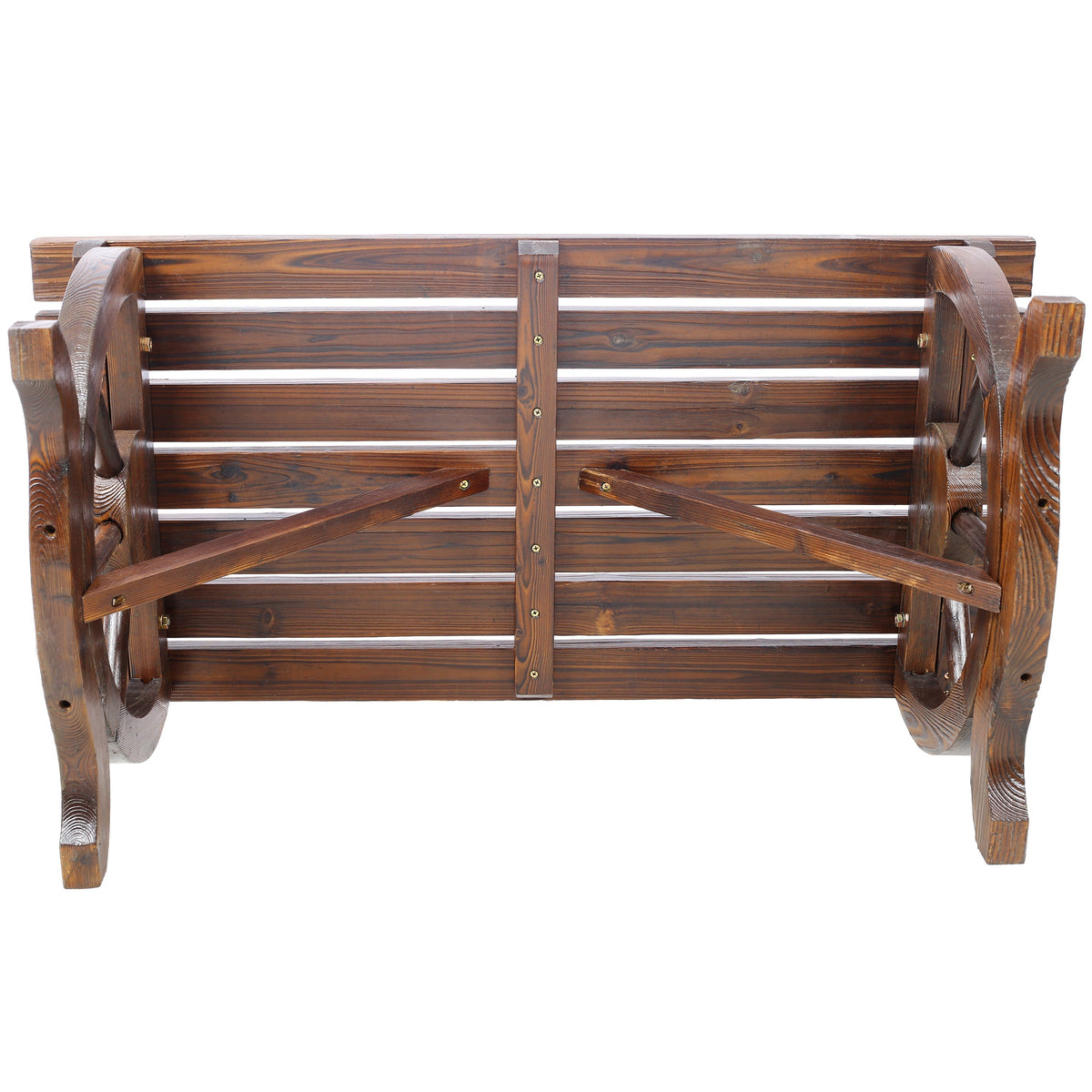 Outdoor Rustic Wooden Bench with Wagon Wheel Legs, 2 People Outdoor Bench Garden Bench Front Porch Furniture Patio Lawn Yard Park, Indoor and Outdoor Decor