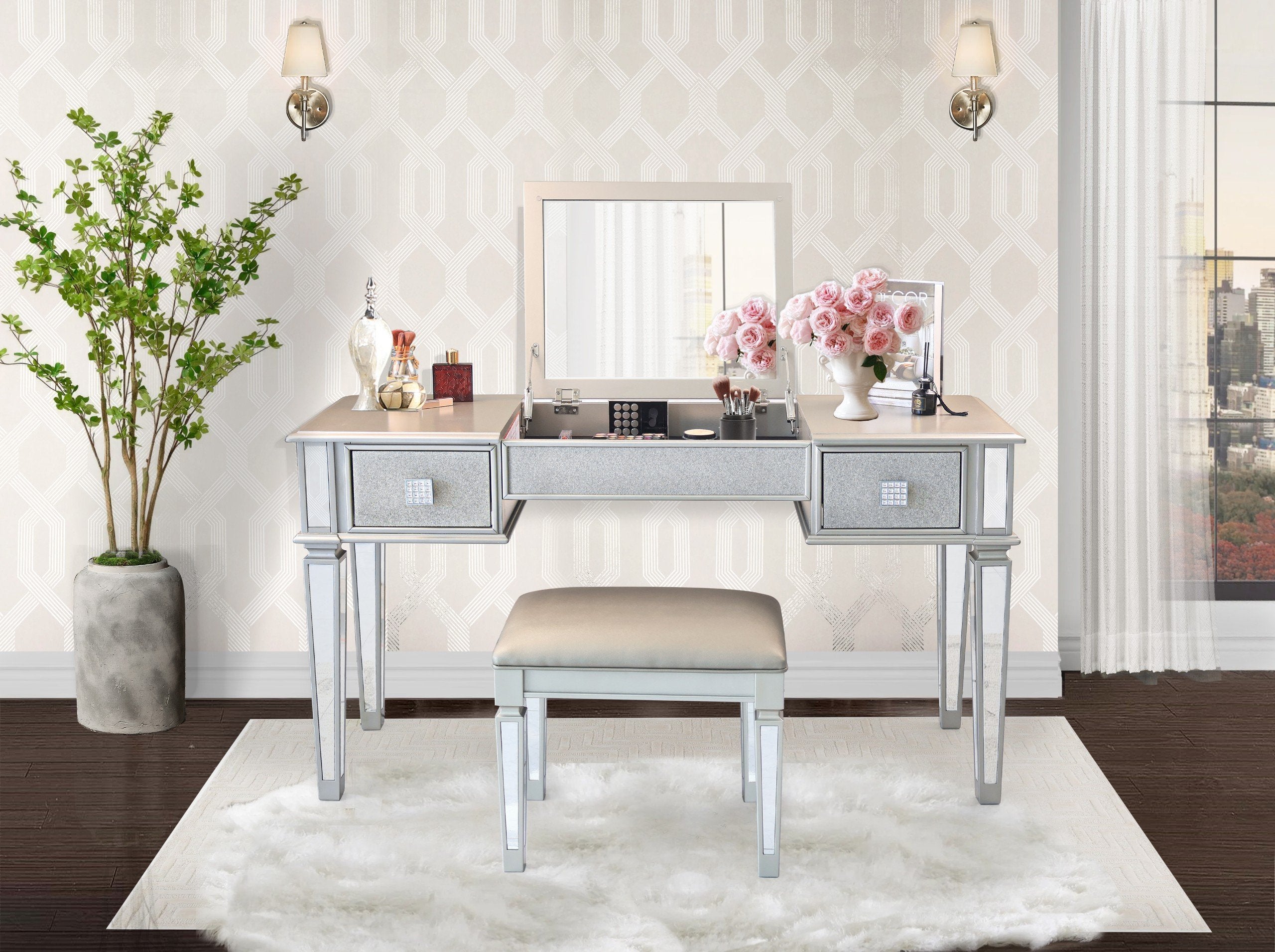 Mirrored-Vanities-Desk-with-Drawers,-with-Mirror-and-Stool,-Flip-Up-Dressing-Table-VANITY