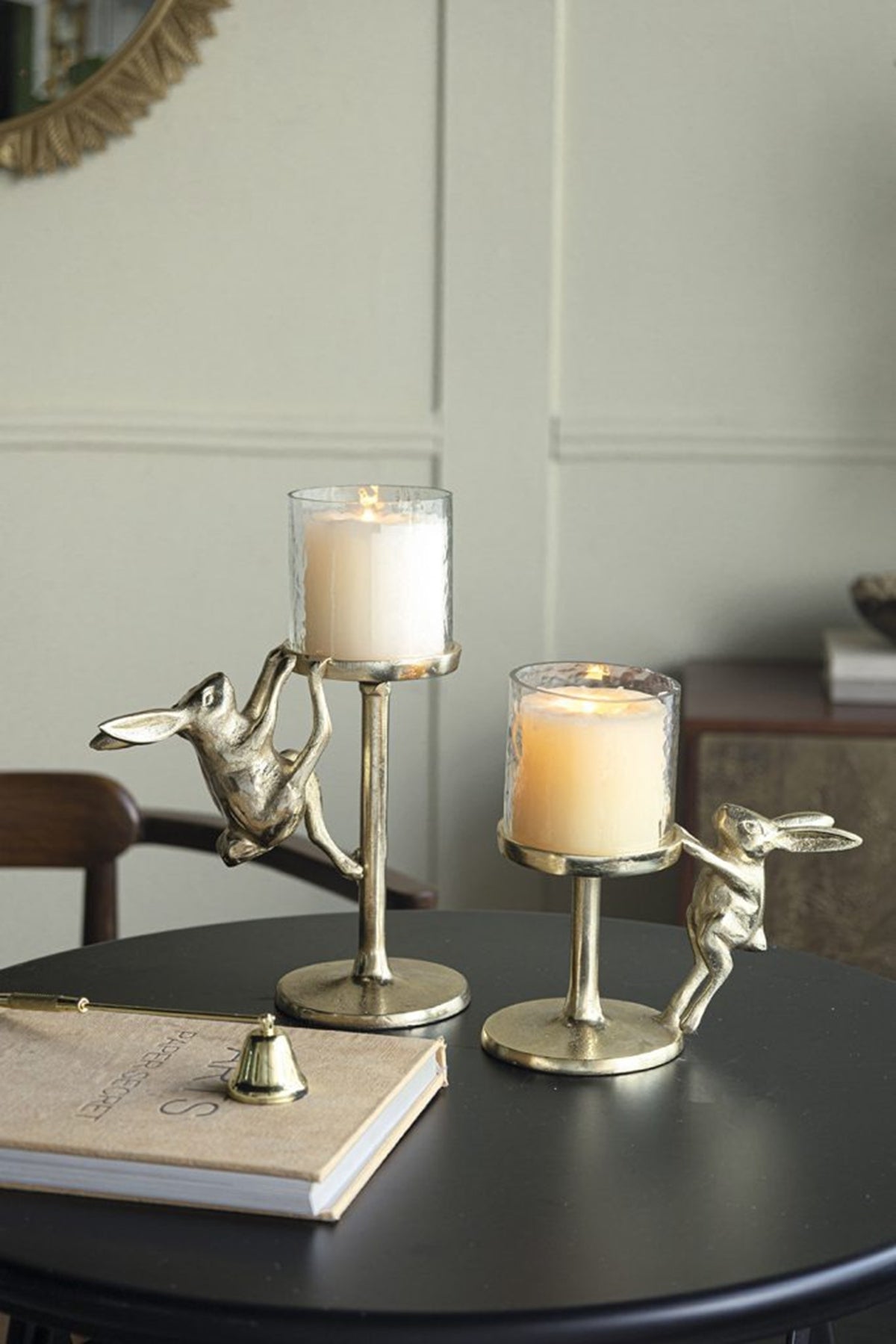 Gold Rabbit Pillar Candle Holders with Glass Shade - Set of 2
