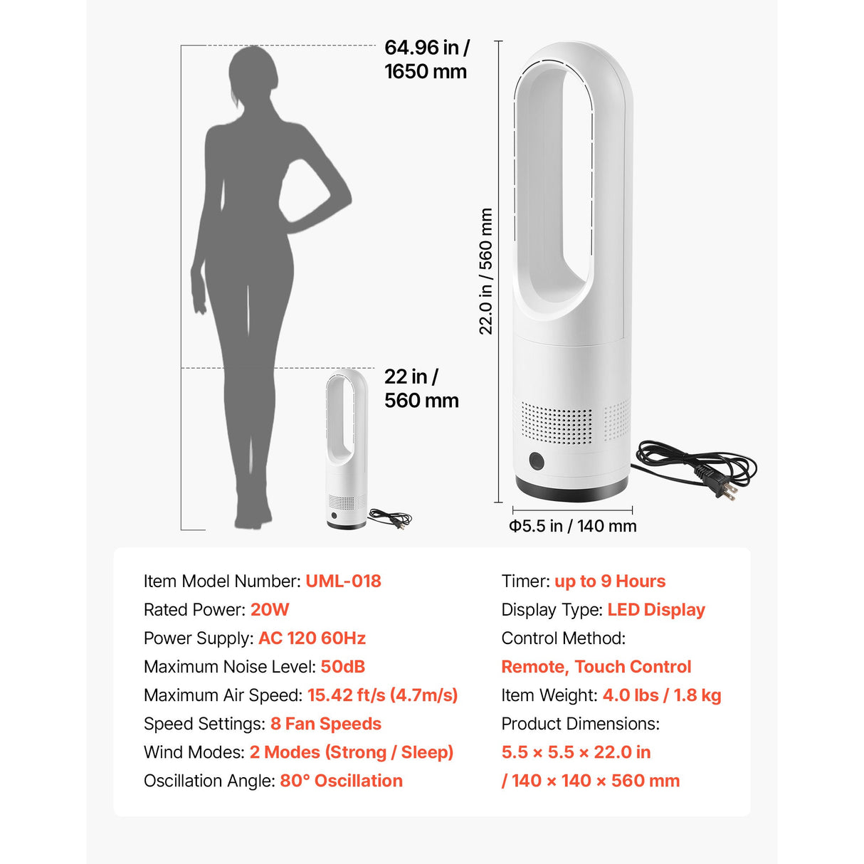 Bladeless Tower Fan, 80° Oscillating Standing Fan with Remote