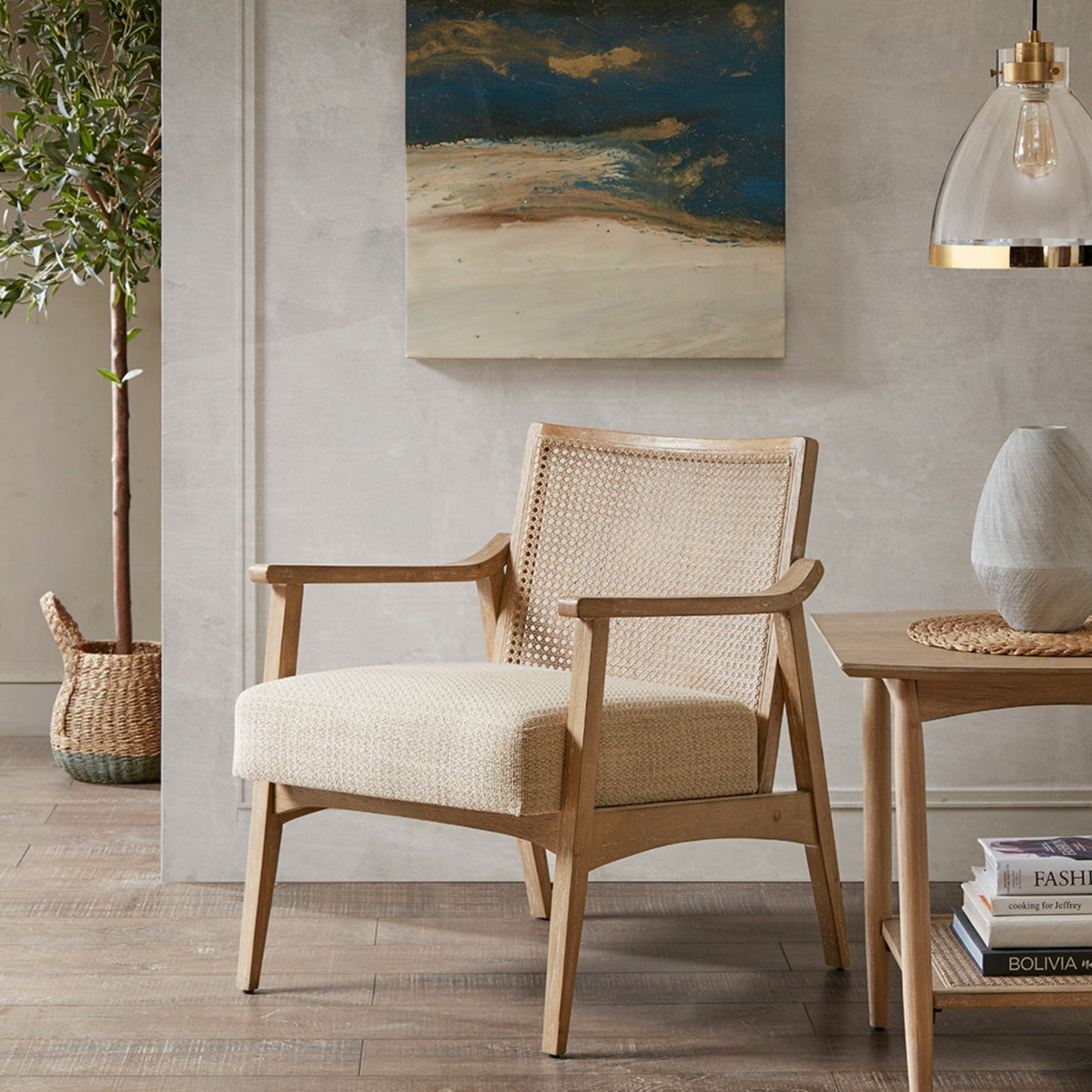 Cane Back Upholstered Accent Chair with Upholstered Seat - Natural