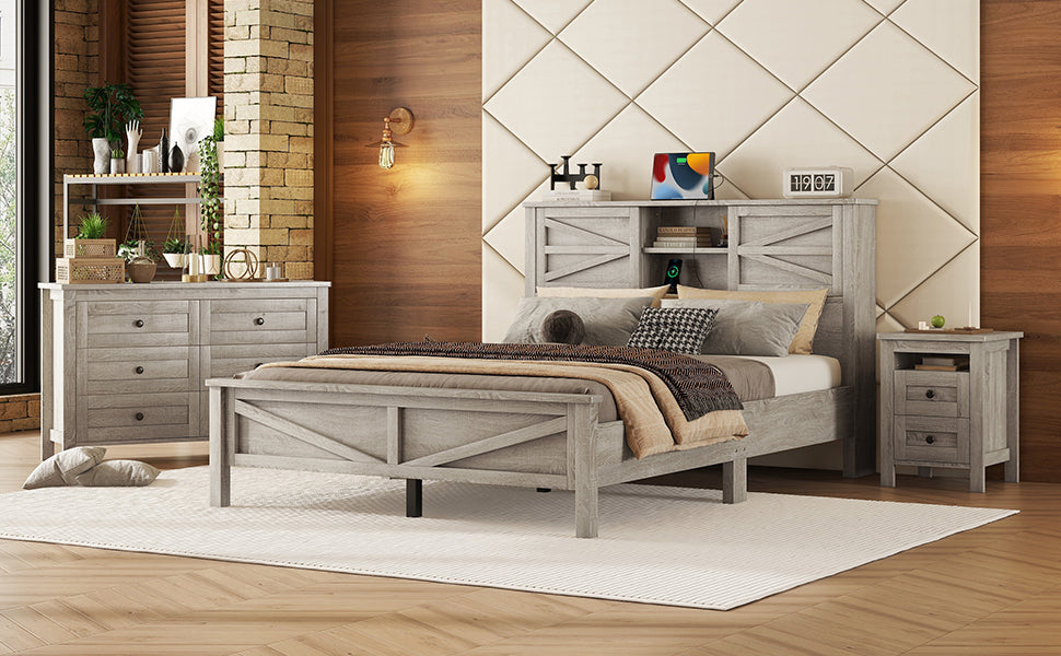 3-Pieces Bedroom Set Queen Size Farmhouse Platform Bed with Storage Headboard and Charging Station