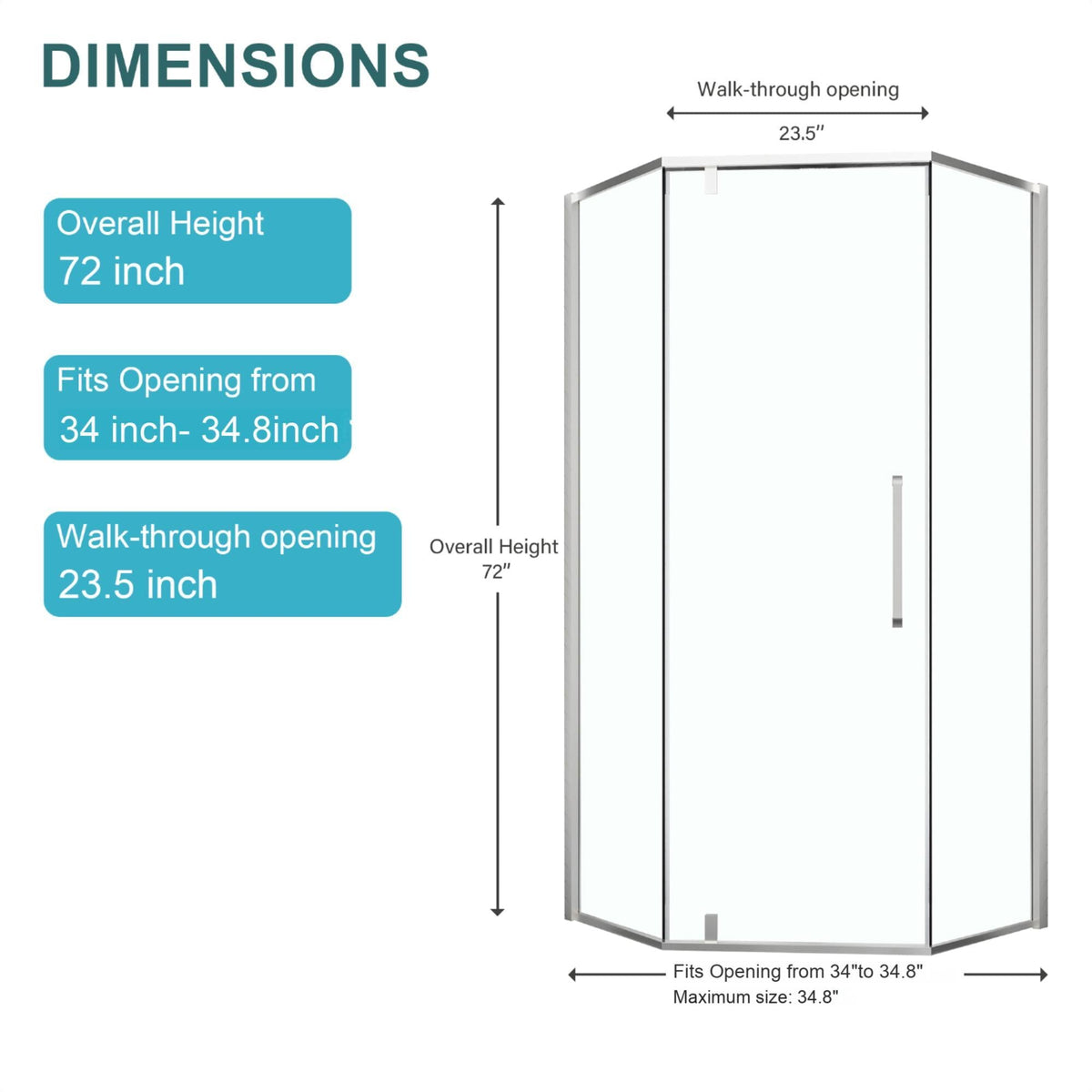 Semi Frameless Neo Angle Hinged Shower Enclosure with Clear Tempered Glass - Brushed Nickel