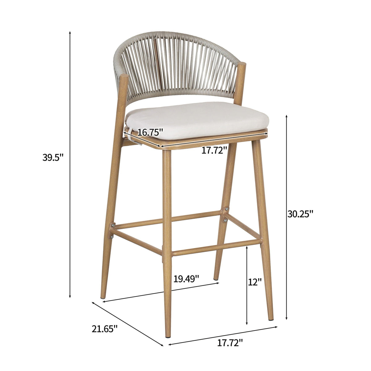 Outdoor Bar Height Metal Frame Counter Stools With Scallop Shaped Backrest & Water Resistant Cushions