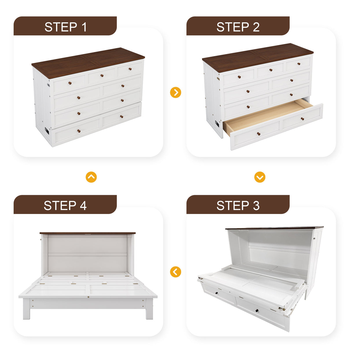 Solid Pine Murphy Bed Chest with Charging Station and Large Storage Drawer - Queen - White+Walnut