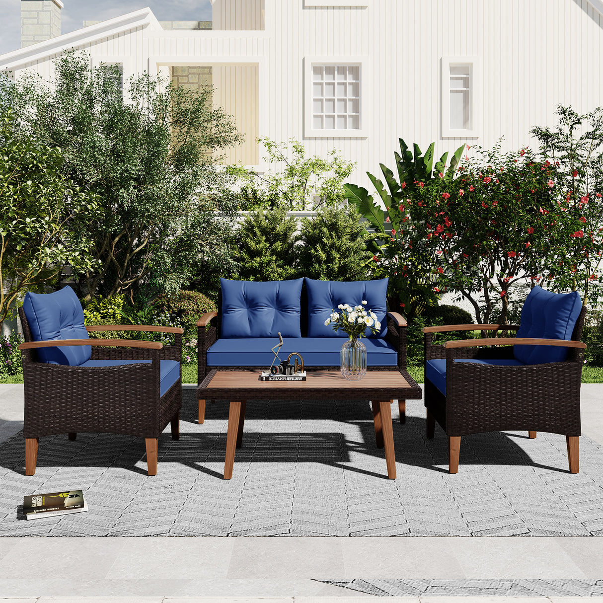 4-Piece-Outdoor-Wicker-Sofa-Set-–-Blue-Cushions-&-Acacia-Wood-Accents-Outdoor-Furniture-Sets
