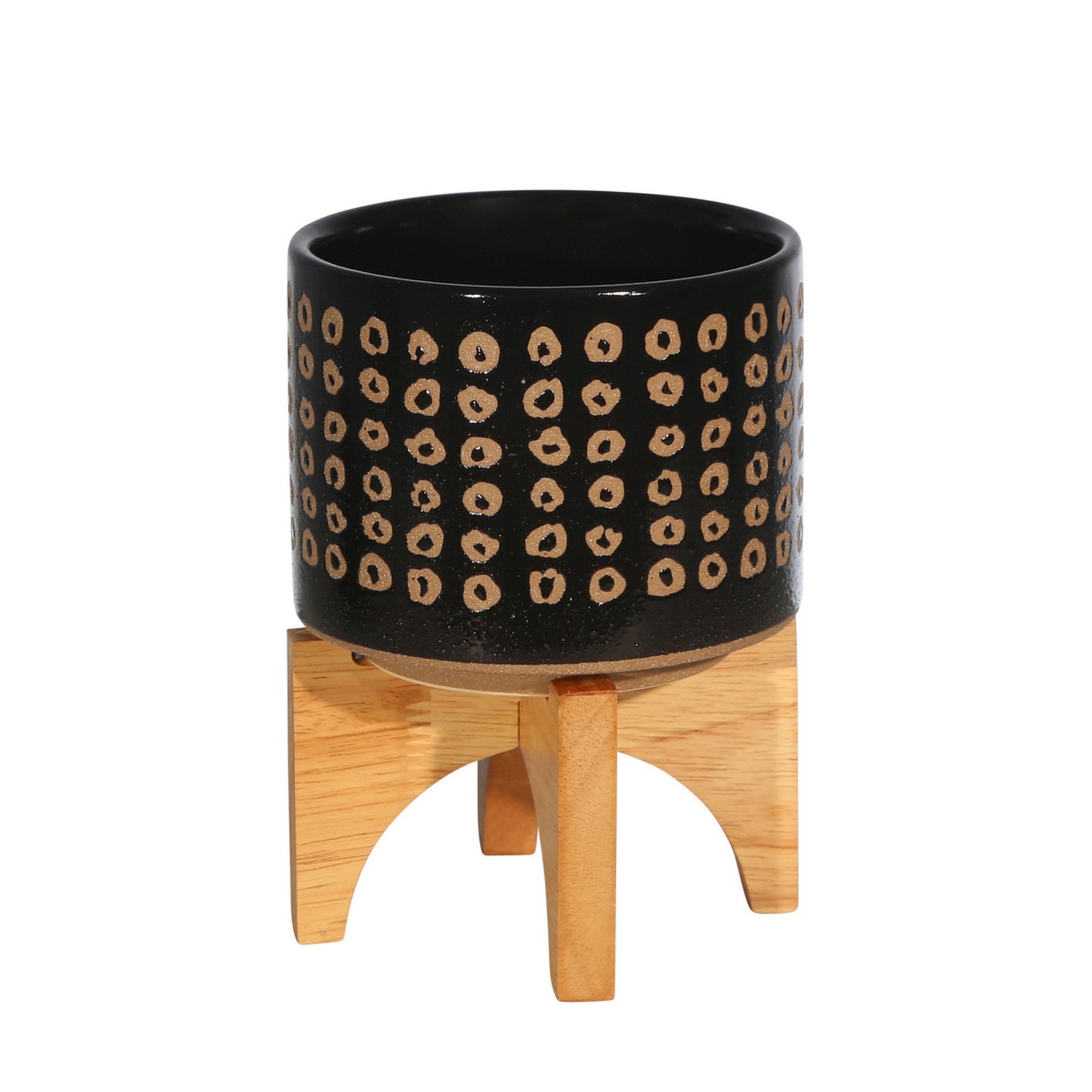 Planter-with-Wooden-Stand-and-Abstract-Design,-Small,-Black-Pots-&-Planters