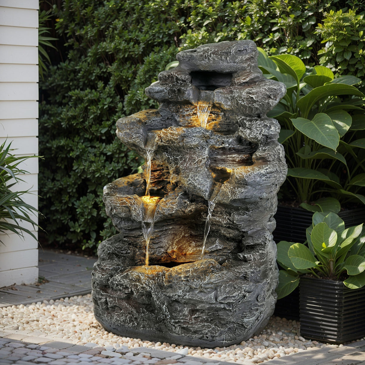 Tall Slim Faux-Stone Fountain with LED Lights, 5-Tiered Cascading Water Feature