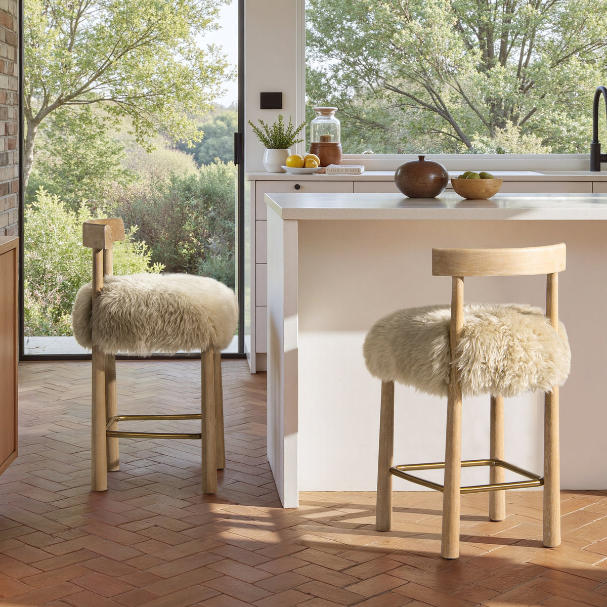 Genuine Fur Counter Height Bar Stool with Brass Footrest - Light Wood