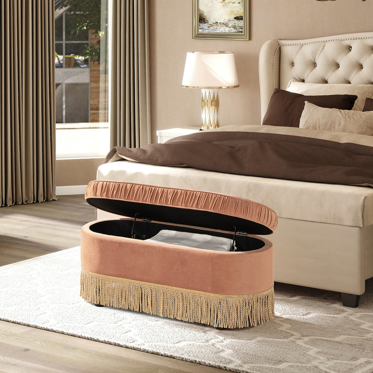 Serena-38'-Oval-Storage-Bench-Ottoman,-Peach-Orange-Velvet-