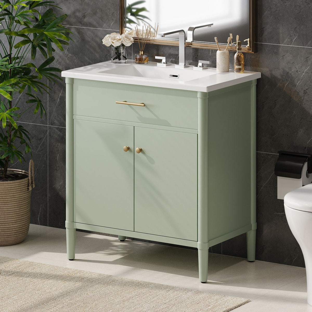 Bathroom Vanity with Sink and Adjustable Shelf - Soft Close Doors - Black, Green, or White