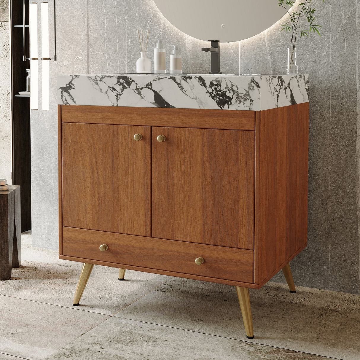 Mid-Century Free-Standing Bathroom Vanity with Faux Marble Top