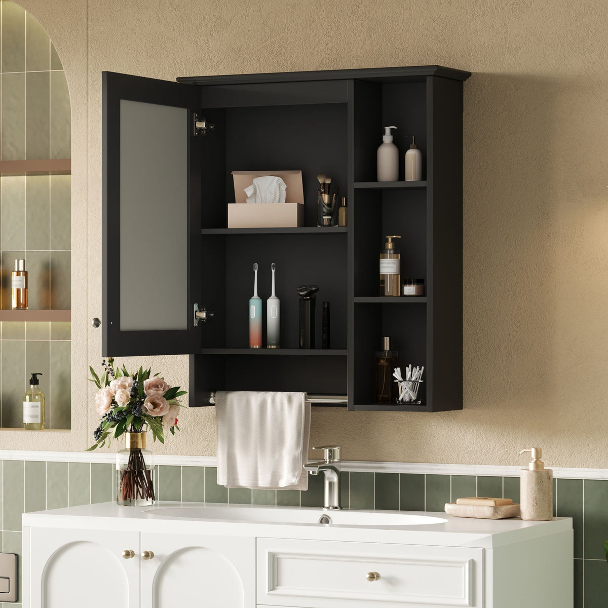 Modern 3 In 1 Bathroom Mirror Cabinet with Adjustable Shelf and Towel Bar - Black or White